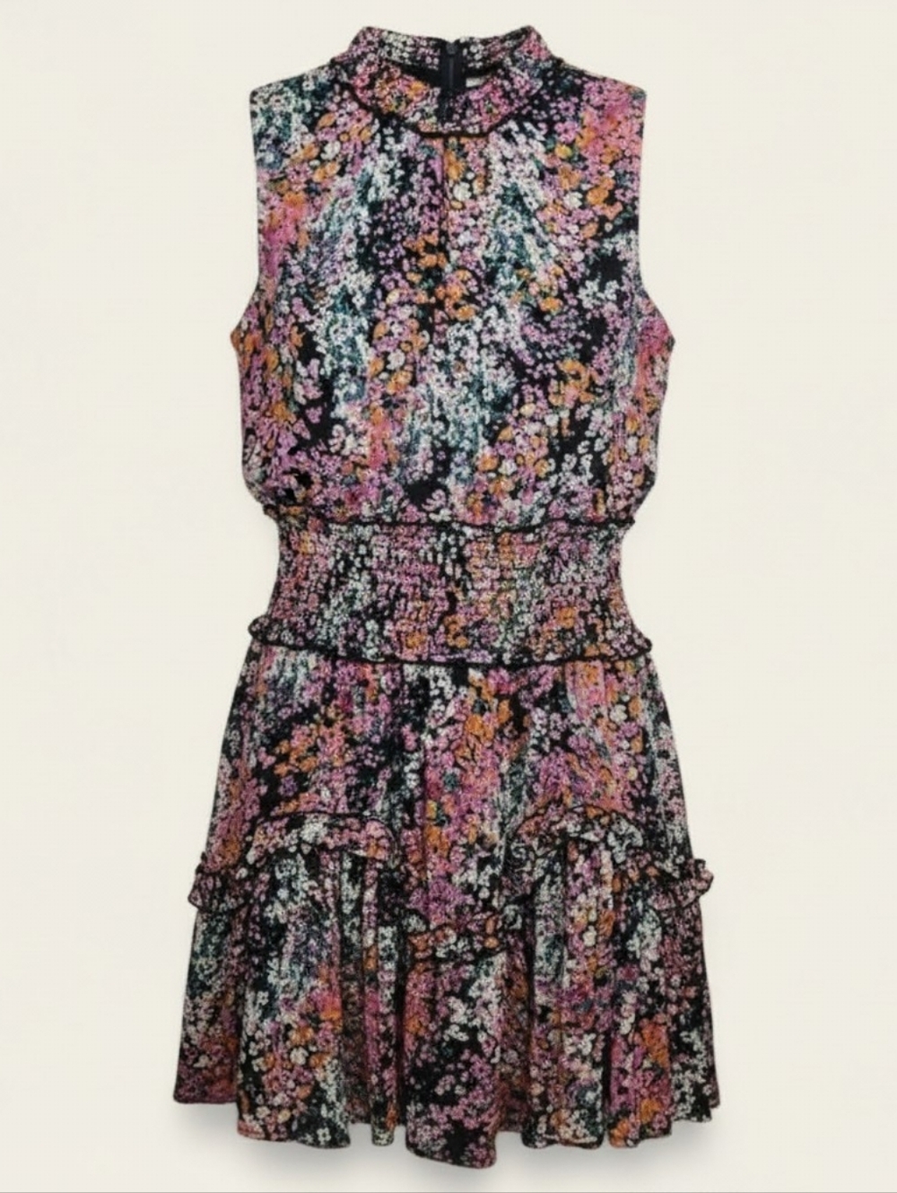 1.State Floral Sleeveless Smocked Mini Dress High Neck Ruffle Size Small